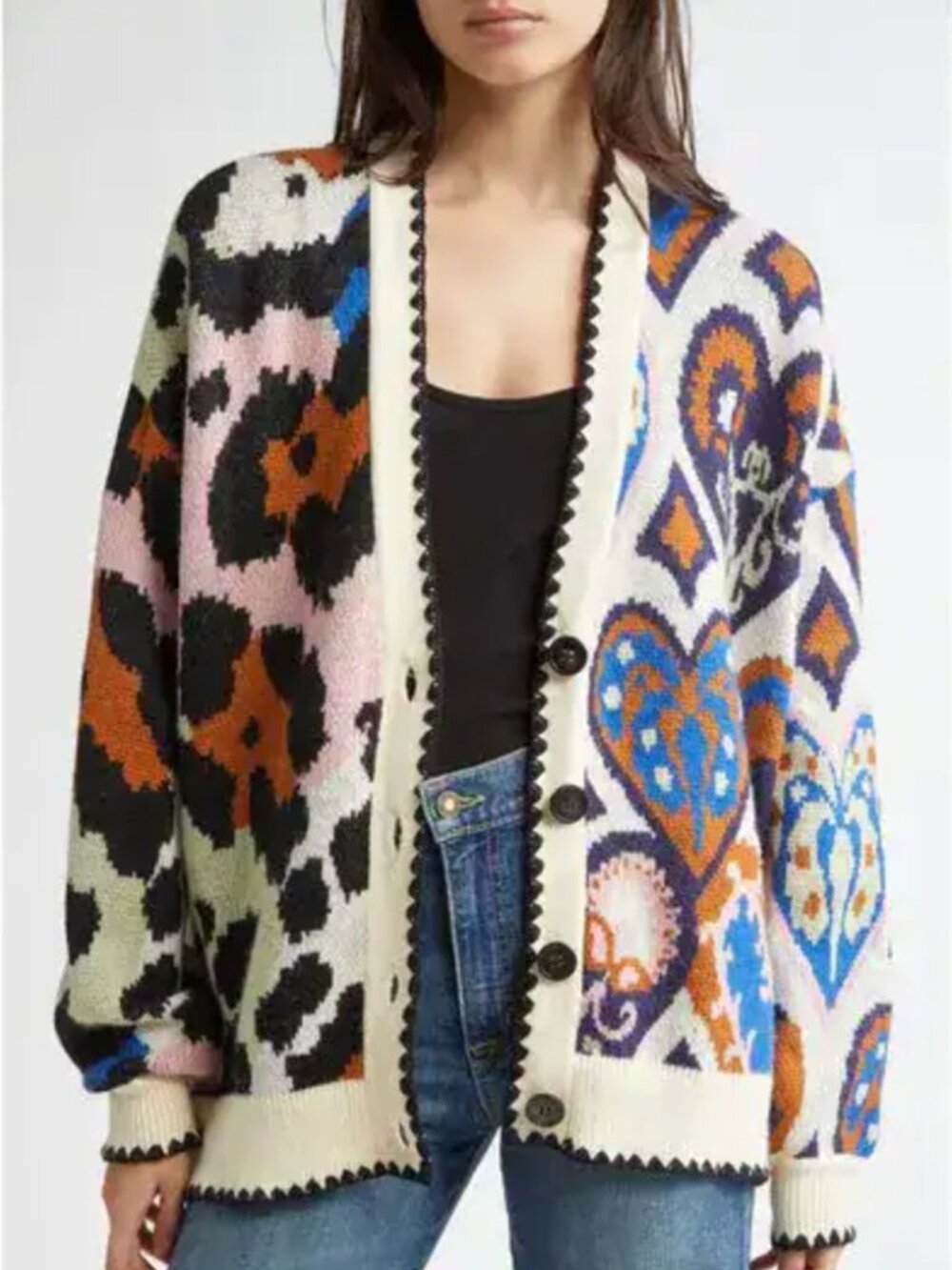 FARM Rio Mixed Ikat Hearts Cardigan Size Small